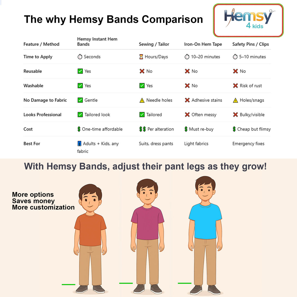 Comparison chart of Hemsy Bands for children, showing features and benefits.