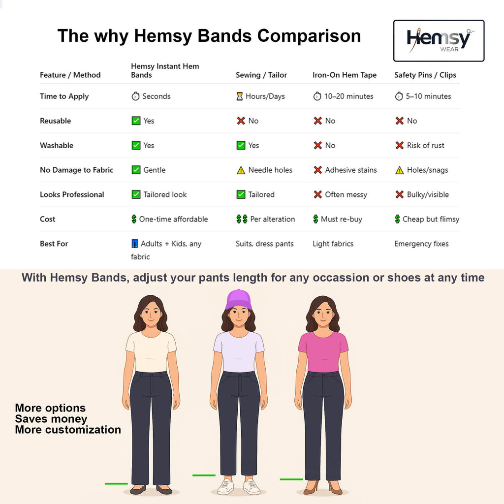 Comparison chart of Hemsy Bands with illustrations of people wearing pants.